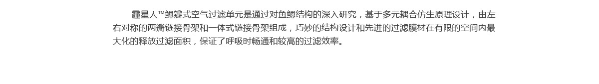        霾星人™鳃瓣式空气过滤单元是通过对鱼鳃结构的深入研究，基于多元耦合仿生原理设计，由左右对称的两瓣链接骨架和一体式链接骨架组成，巧妙的结构设计和先进的过滤膜材在有限的空间内最大化的释放过滤面积，保证了呼吸时畅通和较高的过滤效率。