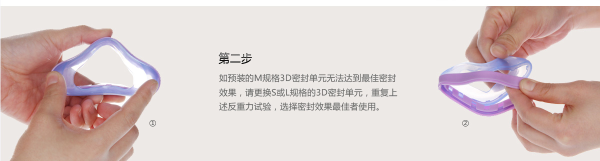 第二步 如预装的M规格3D密封单元无法达到最佳密封效果，请更换S或L规格的3D密封单元，重复上述反重力试验，选择密封效果最佳者使用。