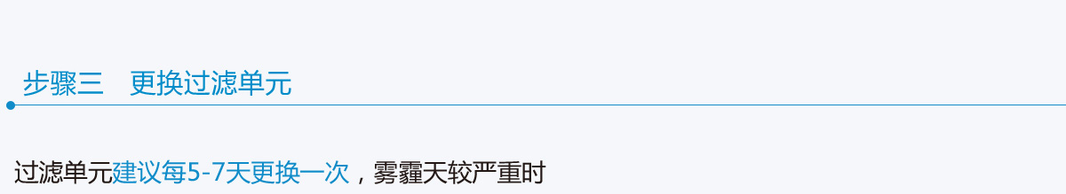 步骤三   更换过滤单元 过滤单元建议5－7天更换一次，雾霾天较严重时 请根据过滤单元颜色变化及时更换，颜色越深，过滤效率越低